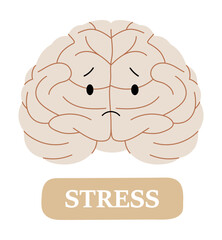 Brain With Sad Expression In Flat Vector Illustration Symbolizing Stress, Mental Health Issues, And Emotional Overload, Isolated On White Background