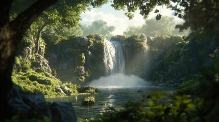 A cascading waterfall with bright sunlight reflecting off the water, deep green jungle creating a natural frame, copy space available.
