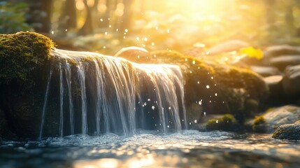 A close-up of a waterfall tumbling over mossy stones, soft sunlight catching the droplets in midair, peaceful and refreshing.