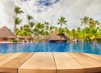 Wooden top with Swimming pool background