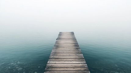 Fototapeta premium A crystal-clear lake with a wooden pier extending into the water, minimalistic and open for text.