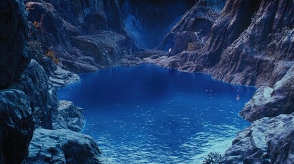 A deep blue fjord lake surrounded by steep cliffs, atmospheric and open for text overlay.