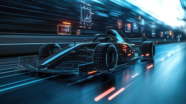 Futuristic digital Formula 1 car racing at high speed with data visualization on the track. Generated with AI.