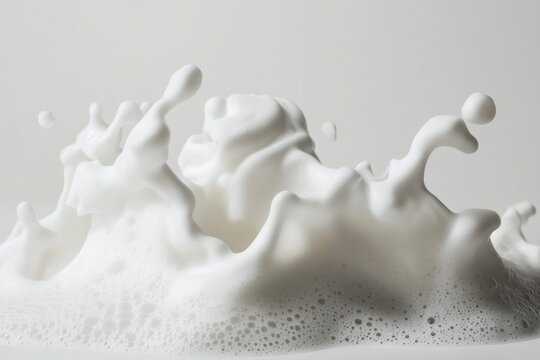 A creamy white frothy foam is splashing against a pale background
