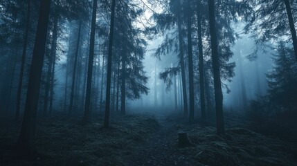 Obraz premium A dense fog creeping through an ancient woodland, dramatic and open for text placement.
