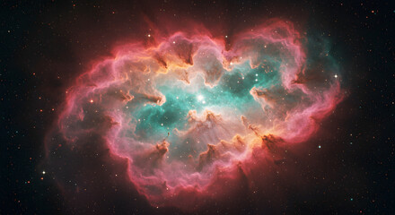 A deep-space nebula with bright pink, orange, and teal gaseous clouds swirling together