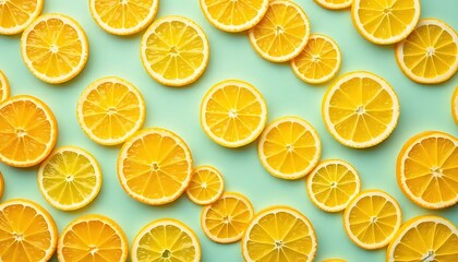 Obraz premium Sliced Yellow Lemons Arranged on a Light Green Surface Background