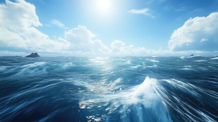 Fototapeta premium A dramatic ocean view with powerful waves meeting the horizon, bright blue sky in the background.