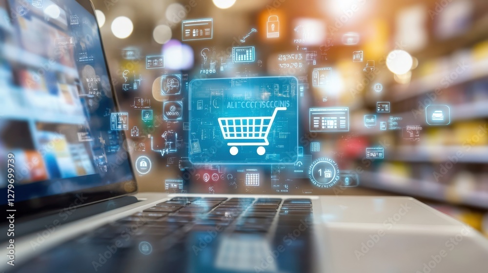 Poster laptop displaying a shopping cart icon and various data icons. representing secure online shopping a