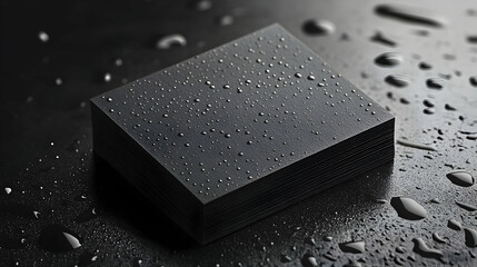 Elegant stack of black business cards adorned with water droplets, perfect for showcasing sleek design and professional services with a touch of sophistication