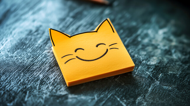 Cheerful feline face adorns sticky notes, adding joy to daily reminders and organization, on a textured surface.