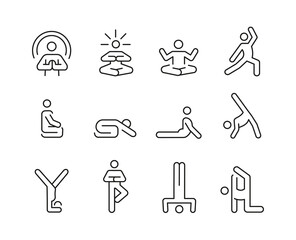 Yoga and meditation icons. 12 of yoga and meditation trendy minimal icons. Yoga Pose, Meditation, Stretching icon. Design signs for web page, mobile app, packaging design. Vector illustration