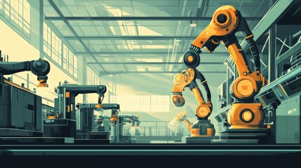 Fototapeta premium Modern industrial scene showcasing robotic arms working in a spacious factory environment