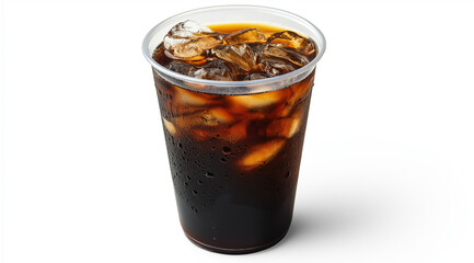 A plastic cup of iced coffee with a straw, against a white background, in high-resolution photography.