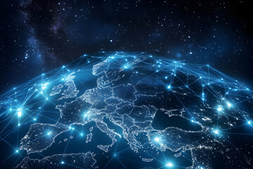 Europe's Digital Network, A High-Tech Visualization of Connectivity, Technology, and Global Communications Over the European Continent From Space