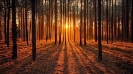 A glowing forest at sunset with golden light streaming through, warm hues, and ample space.