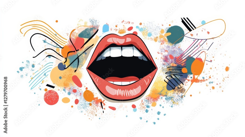 Poster Sensual open mouth with white teeth is surrounded by an abstract composition of colorful splashes, dynamic scribbles, and geometric shapes, creating a vibrant and artistic visual