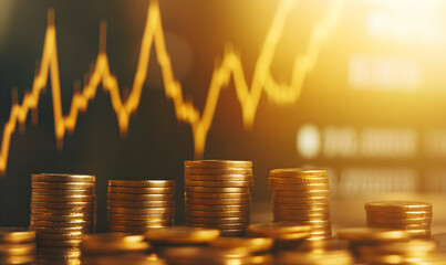 Financial growth and investment strategies depicted through ascending coin stacks against a dynamic stock market graph indicating positive economic trends