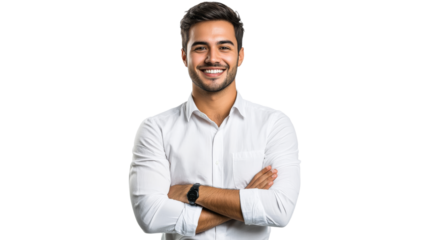 Young man smiling confidently with arms crossed