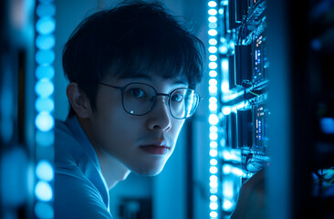 Focused Asian IT Engineer Monitoring Server Room Performance in Data Center, Ensuring Optimal Functionality and Security of Critical Systems with Blue Lighting