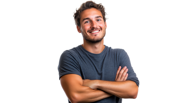 Smiling man stands confidently with arms crossed