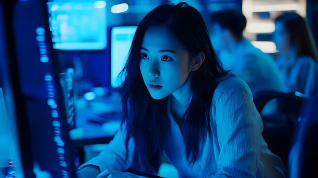 Focused asian professional analyzing data on computer screen in a modern office, illuminated by blue neon light, highlighting concentration and expertise - Powered by Adobe