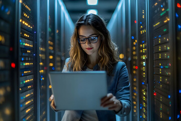 Focused IT Specialist with Laptop Analyzing Server Data in Modern Data Center for Cybersecurity and Infrastructure Management in Technology Environment