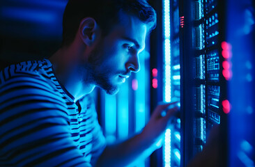 Focused IT Technician Managing Data Servers in a Secure Data Center Environment for Optimal Performance and Reliability in Cloud Computing Infrastructure