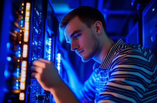 Focused IT Technician Inspecting Server Racks in Data Center Illuminated by Blue Lights for Maintenance and Troubleshooting Processes
