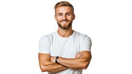 Young man smiling with arms crossed in casual wear