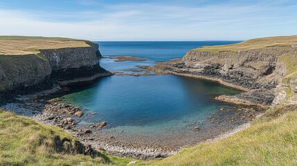 A high-angle view of a beach cove with clear blue water, rocky cliffs, and wide open sky.