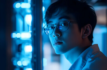 Focused Young Asian IT Engineer in Server Room, Monitoring Data Processing and Ensuring Network Security in a High-Tech Data Center