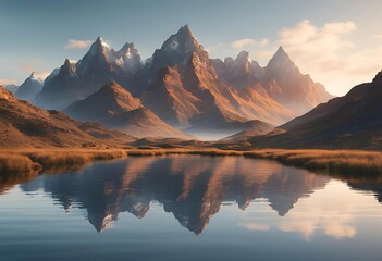 Fototapeta premium Scenic Mountain Lake: Mirrored Surface and Dramatic Peaks in Arid Landscape