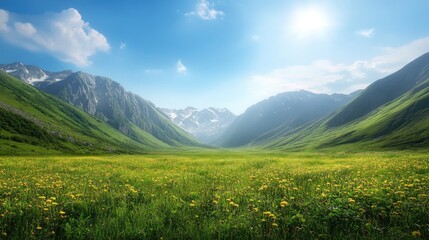 A lush green valley between high mountains, rolling fields, and bright open sky for text placement.