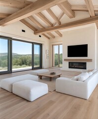 Minimalist living room with wooden beams and panoramic view