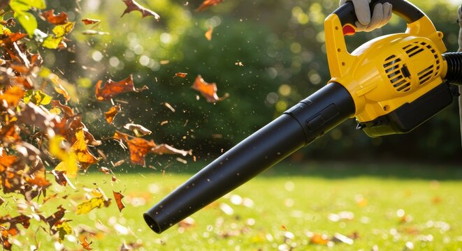 Autumn cleanup: A leaf blower sends colorful fall leaves flying in the air