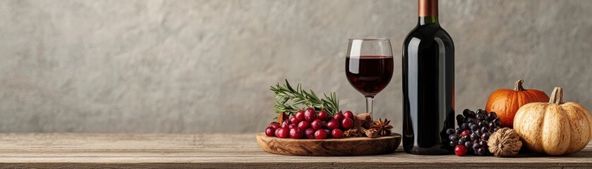 Obraz premium A Cozy Autumn Scene with Red Wine, Grapes, Pumpkins, and Warm Autumn Decor on a Rustic Wooden Table