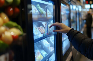 Hand selecting pre-cut vegetables from a refrigerated display case at a grocery store promoting healthy lifestyle and convenience in food preparation