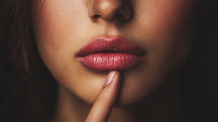 Fototapeta premium Close up of perfect lips after cosmetology treatment, showing a beautiful smile with white teeth, touched by a finger, enhancing the concept of beauty and self care