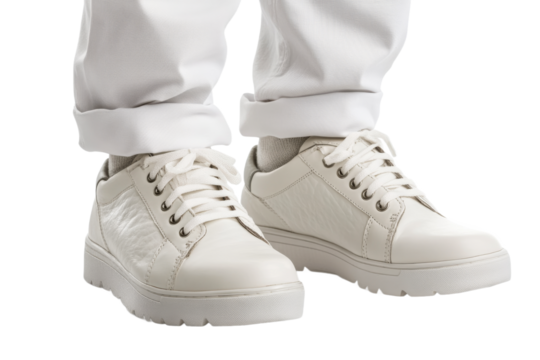 Modern white sneakers paired with cropped pants