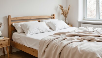 Cozy Bedroom Interior with Light Bedding and Natural Decor in a Bright Space