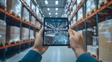 Innovative inventory management with augmented reality on a tablet in a vast warehouse showcasing optimized supply chain and logistics solutions in action