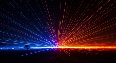 Light Speed: A mesmerizing display of light trails streak across a night sky, showcasing vibrant hues of red and blue, with a lone vehicle, evoking a sense of speed and the mysteries of the cosmos.