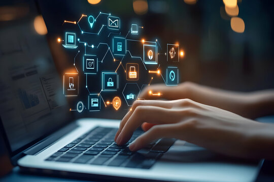 Innovative connectivity solutions and data visualization on laptop screen highlighting technological advancements and digital transformation for the modern era