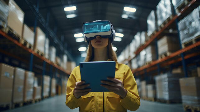 Innovative Warehouse Management, A Woman Using VR and Tablet for Inventory Control and Efficiency Enhancements in Logistics Operations with Advanced Technology