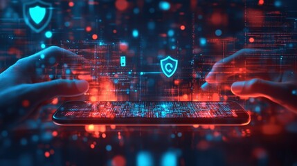 Obraz premium Two software developers are securing sensitive data on a mobile phone. Implementing an advanced cybersecurity system to protect against evolving digital threats in a complex technological environment