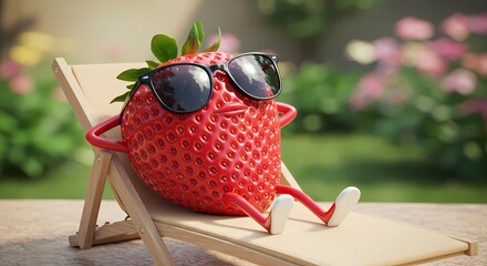 A Cool Strawberry in Sunglasses Relaxing on a Chair, Perfect for Summer Vibes and Fruity Fun