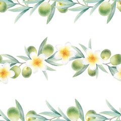 Olive branches with leaves, fruits and plumeria flowers seamless pattern. Hand drawn botanical watercolor isolated illustration with green olives and frangipani for packaging, textile, scrapbooking.