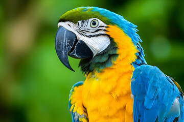 Obraz premium Portrait of a Vibrant Macaw, Capturing the Beauty of Tropical Avian Life with Stunning Detail, Vivid Colors, and Exotic Charm in a Lush Green Setting