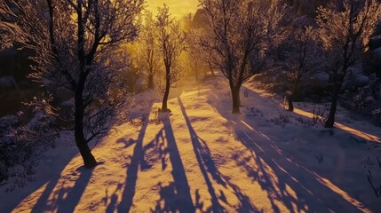 A peaceful snowy morning, golden sunrise casting long shadows over frost-covered ground.